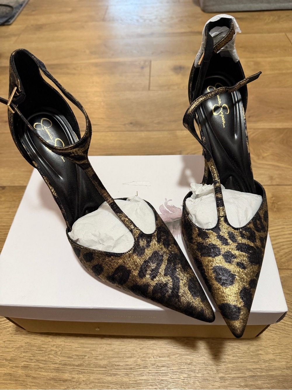 Jessica Simpson Gold and Black Leopard T-Strap Pointed Heels